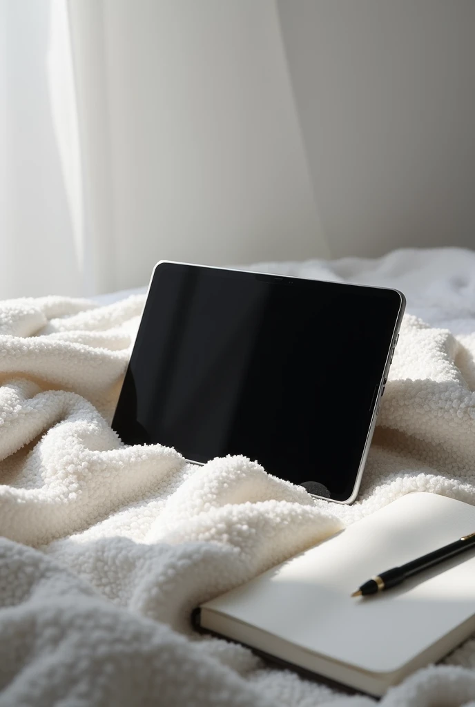 A realistic image featuring a bed with a neatly arranged blanket as the only visible element of the setting. The focus is on a sleek, modern Samsung tablet (latest design) with a black screen, positioned prominently and centered on the blanket, very close ...