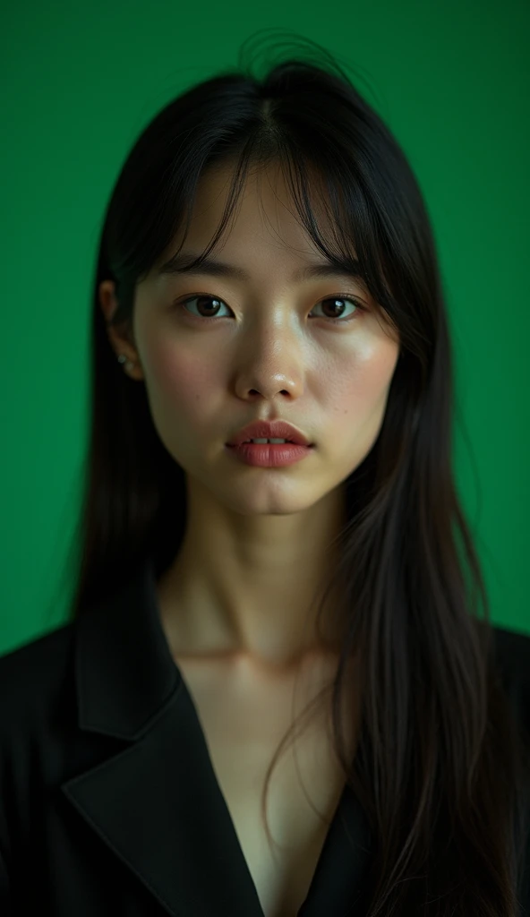 close up photo of ID card, a woman of Indonesian-Russian descent, beautiful, 30 years old, (in a dark room), high nose, straight hair, green screen