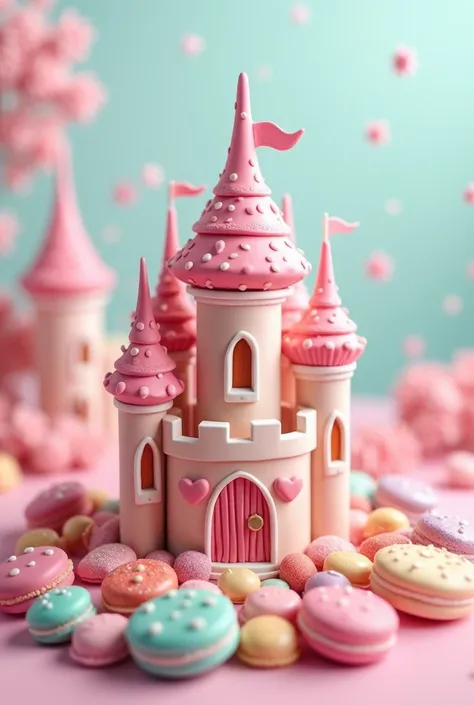 Create a professional and delicate logo in the form of a castle design with elements of the confectionery, nas cores color candy, cute style, With candies in the back 
