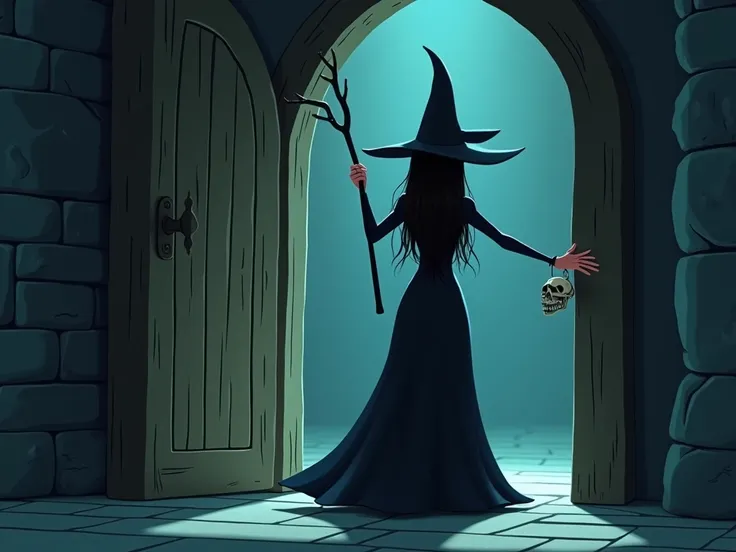  image for a cartoon story YouTube video in Pixar format. The appearance of a witch :   The doors to the castle crash ,   a witch in a black dress appears.   A staff with a dragon skull in her hand .  Everyones in fear .