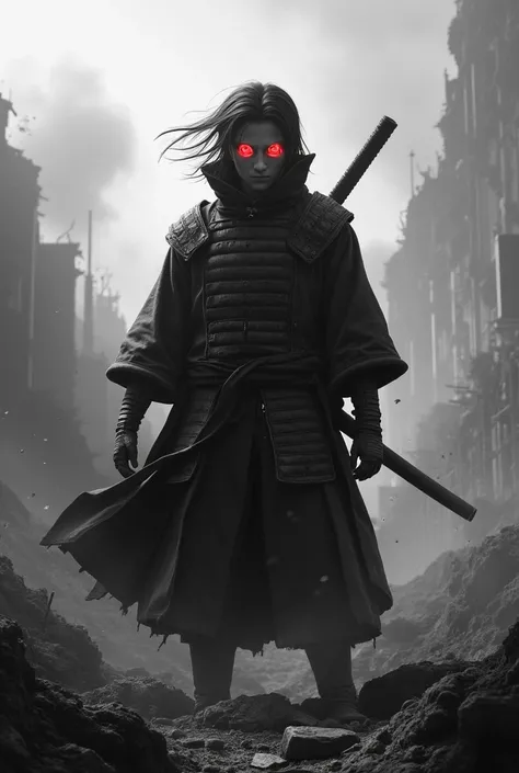 " An imposing and realistic warrior , inspired by Uchiha Madara ,  is standing in the middle of a chaotic and devastated scenario .  The entire scene is in shades of black and white ,  with dramatic shadows that highlight the surrounding destruction .  The...