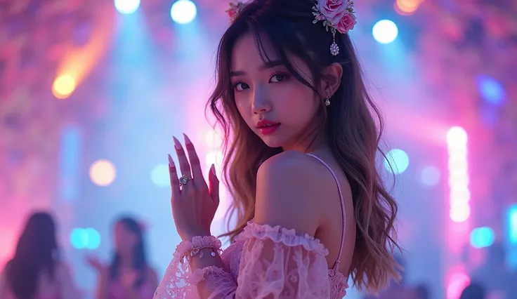 (VERY DETAILED),  Korean girls , K-pop idol,  head  ,  dark hair mixed with blondes ,  beautiful ,  I have acrylic nails,  dreamy makeup , cute outfit, stage, execution