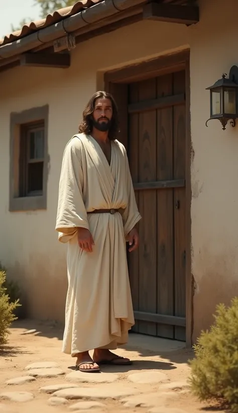 Imagine a scene ,  Jesus outside a very simple and humble house , com a porta fechada, The house has its door closed ,  Jesus wears a white robe and is standing in front of the door ,  apparently waiting for someone to open .  Jesus looks at me towards the...