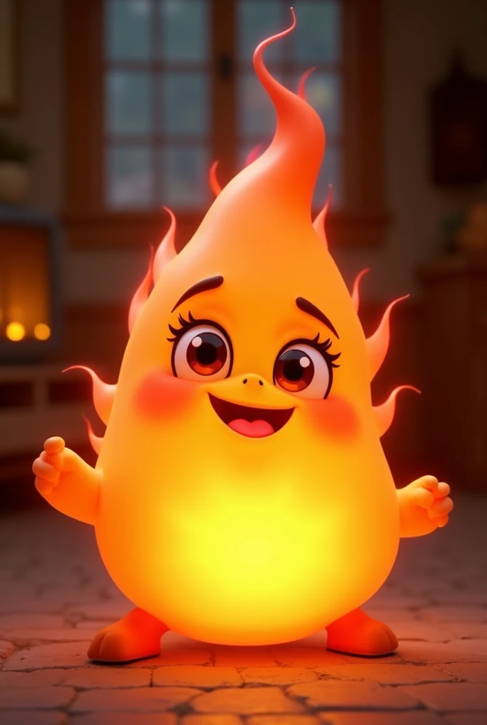 Create a pixar-like image of a smiling fire
