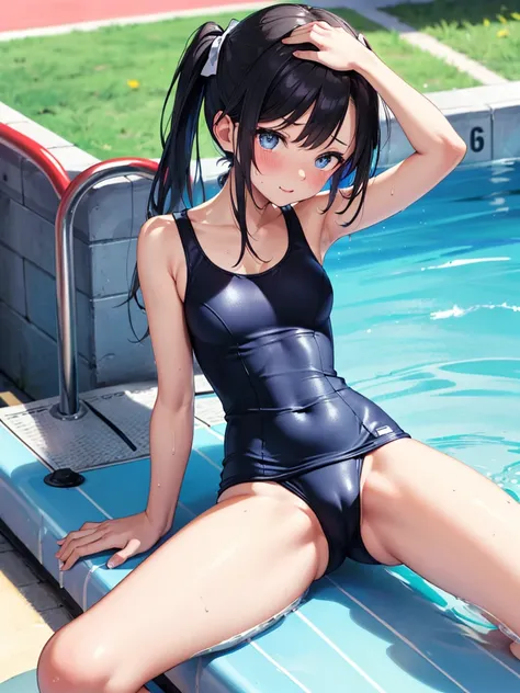 A  girl, black ponytail, poolside,  (baggy one-piece swimsuit, black school swimsuit:1.4), (soaking wet swimsuit), armpit, sitting, spreading legs, Chubby body, blushing face, embarrassing face, 