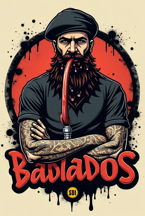  Give me a round circle , soccer club style ,  and another circle written by BADALADOS !  INSIDE that circle a mobster man full of tattoos with a black beret and a bandana with hookah designs and liters of cachaça in his mouth,  I want a logo of organized ...