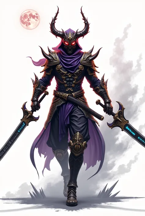 "An imposing hyper-realistic ninja warrior wearing black/purple armor,   shiny blades that seem to be forged of obsidian ,  adorned with intricate gold engravings that emulate dragon and flame patterns .  He wears an intimidating helmet with a demon design...