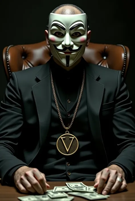  Make a man sitting on a chair with a table in front of him , This man is wearing the mask from the movie V of Vengeance ,  this name is wearing a GOLD cord with a PENDANT written VETZ.
And money pockets on the table 