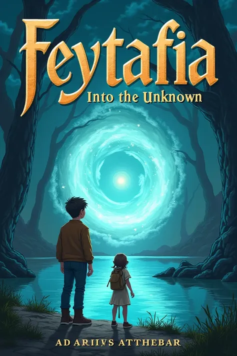 A magical, illustrated cover for "Feytafia: Into the Unknown", inspired by the iconic covers of Harry Potter and The Chronicles of Narnia. The cover should depict a dramatic and captivating scene at the edge of a mysterious lake surrounded by towering, anc...