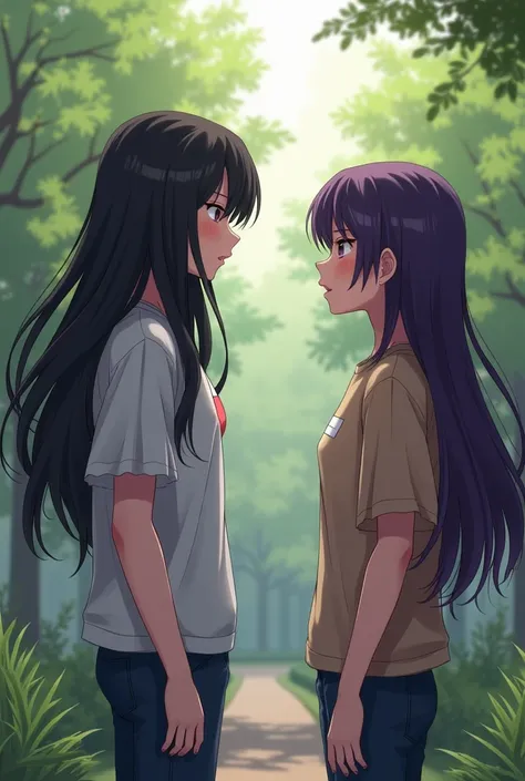 two teenagers answering ,  one with long black hair and the other with mid-back length hair with dark purple hair 