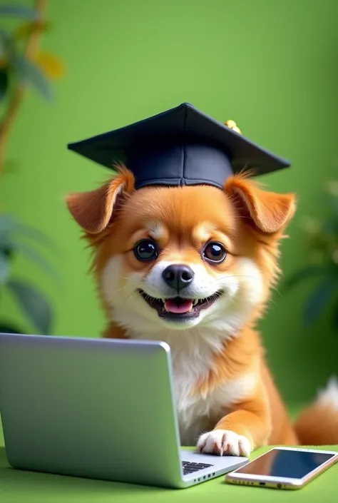 an image of a cute little dog with displeased and smiling eyes,with a graduation hat and a computer and a cell phone on the side , Make with a green background this image  