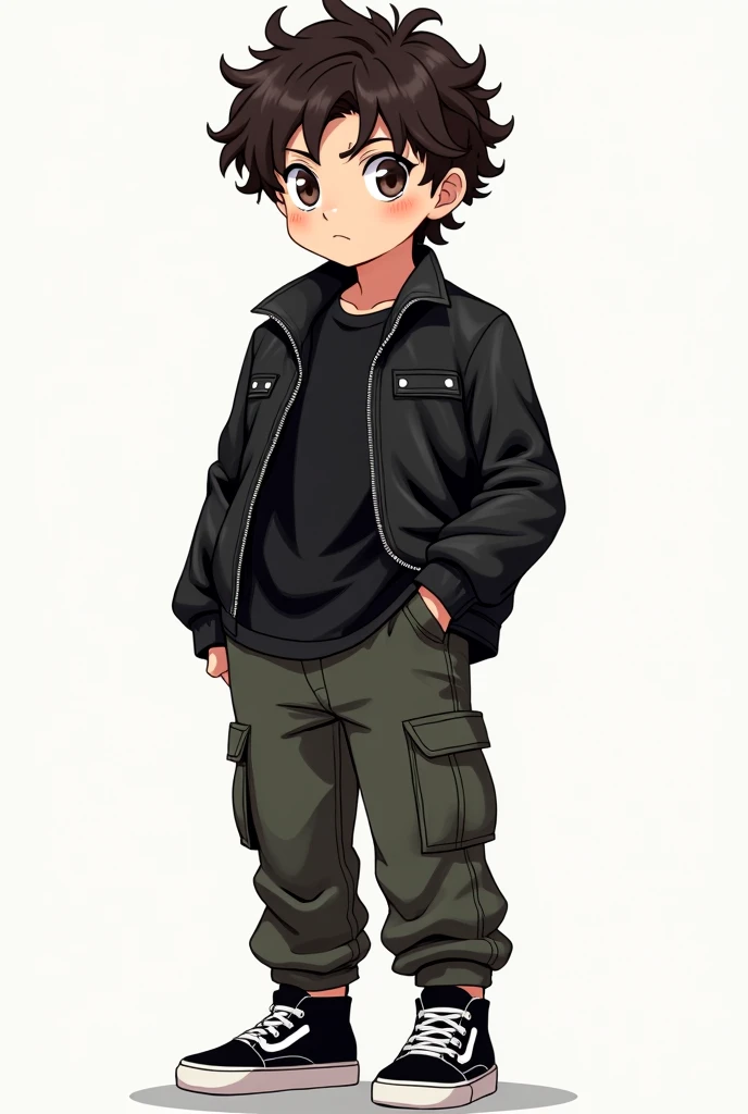  A white-skinned young boy ,Dark brown hair,very short and wavy . wearing a set of black clothes : leather jacket, unprinted shirt , cargo pants and a black sneaker with white details Obs: Do manga Shounen style .