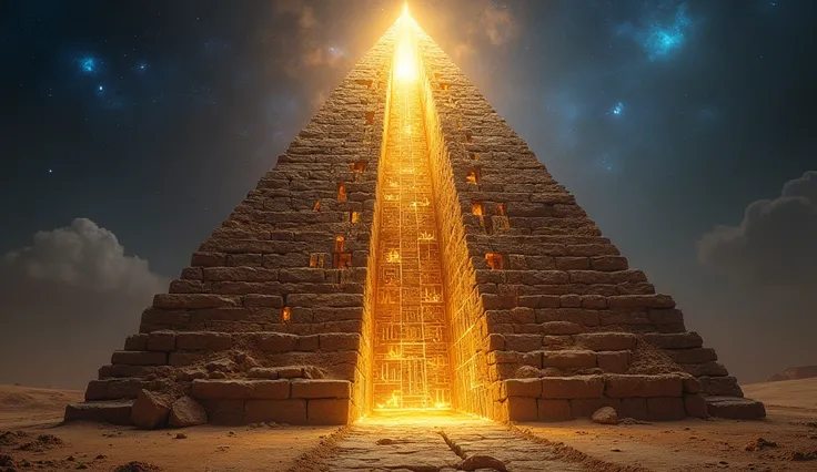 An intricate cutaway view of the Great Pyramid of Giza, revealing its internal structure as a complex network of chambers and narrow shafts. The Grand Gallery glows faintly with a golden energy, flowing upward through the shafts toward the apex of the pyra...