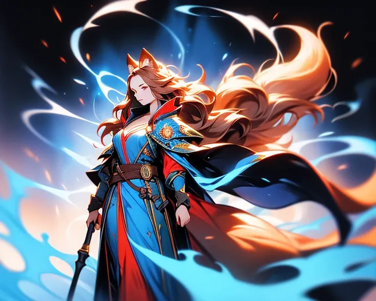 magnificent tall beautiful red fox woman. deep cleavage, long auburn hair flowing in the wind, blue and gold robes, wizard, surrounded by blue lightning, desert landscape