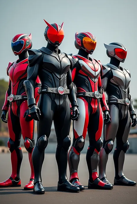 Create four Kamen riders with red black white and gray racer theme with modern design gp racer armor Heisei or reiwa with standing belt 