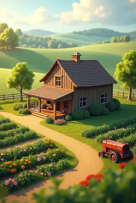 Make a beautiful farm without animals an people around only the farm make the picture near the farm house more near