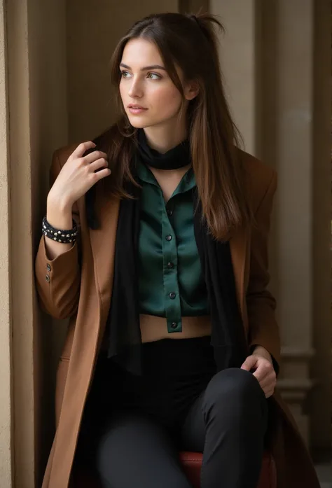 young brunette woman, beautiful eyes. long brown hair with ponytail, dark green satin shirt with black thigt pants and a thigt brown trenchcoat and black chiffon scarf, transparent lip gloss, narrow building, Pretty, 2, Full body photo, long legs, Satin to...