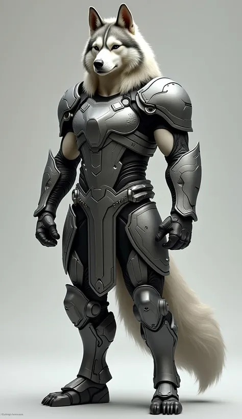 Full body character sheet with Siberian Huskys head and body of a mans armor,  dynamic poses ,  full body seen from the front, Cut and side 