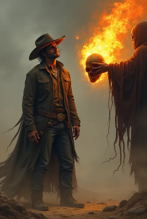 Cowboy avec la tete couper dans la main dun maitre du feu