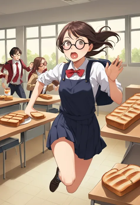 A girl wear a round glasses running late for class while have a toast bread on her mouth 
