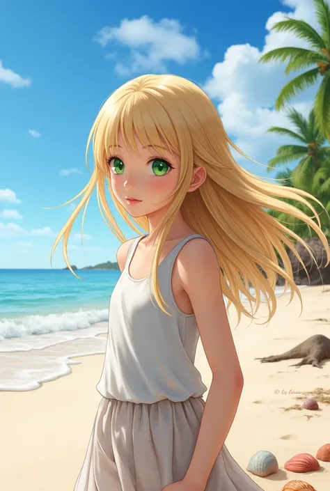 A blonde girl with green eyes on a beach hd