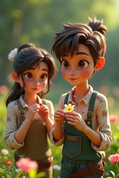 A 3D character with brown hair and brown eyes steals from a gardener wearing a medium-haired flower blouse 