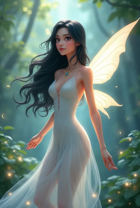 Animated female fairy character with white skin wings, cabello oscuro, wavy and long 