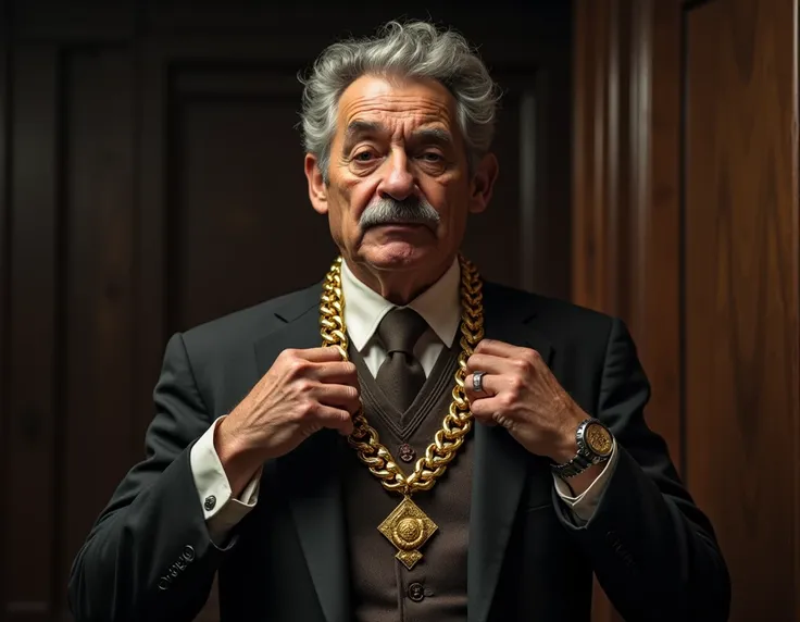   60-year-old man , thin mustache and gray hair ,  by changing and putting on a thick gold necklace with freemasonry symbols, for a freemasonry meeting , Scene inside a wooden room , dark environment