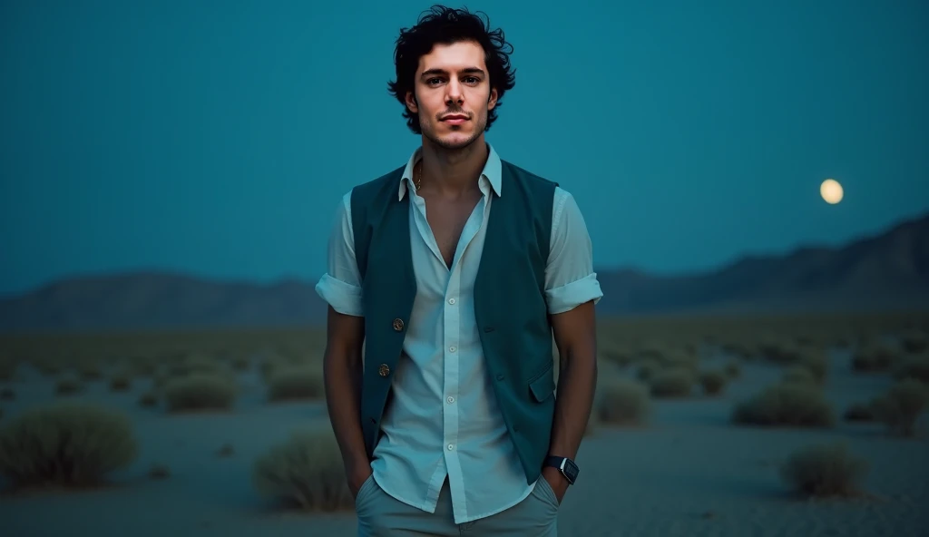 Adam Brody has short, dark brown hair styled casually. He wears a white button-up shirt underneath an open teal vest, paired with light gray shorts, cinematic, very cinematic, dark night desert blue dramatic light at fall out of focus as the background, li...