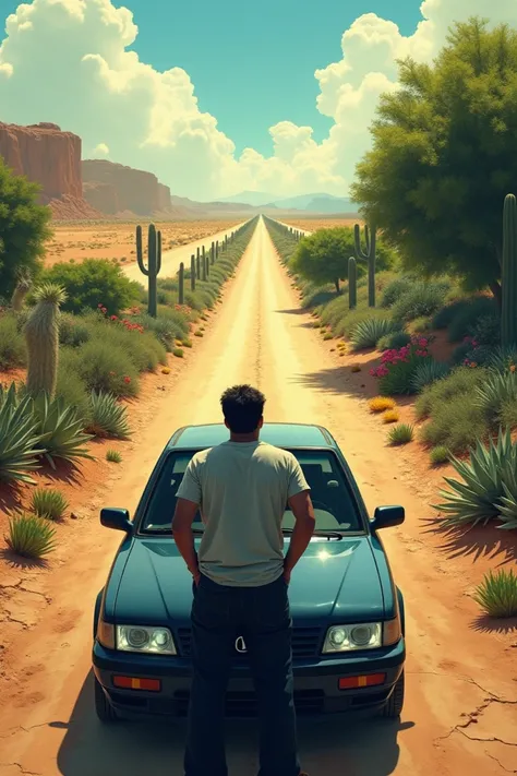  A car standing at a crossroads .  A road extends to a desert and arid landscape ,  full of cacti and dry, cracked soil .  The other road leads to a lush green garden ,  with a variety of vibrant plants and flowers , suggesting prosperity and abundant life...