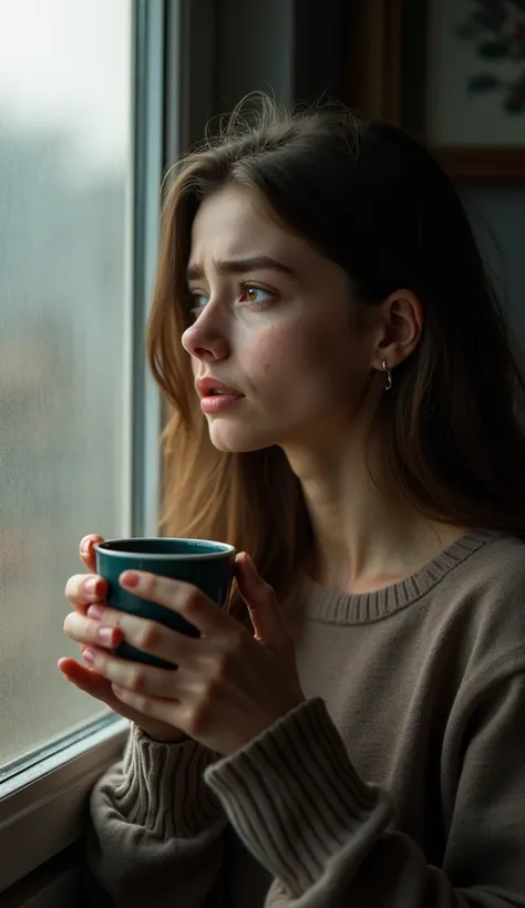 A cup of coffee in hand、Staring out the window, high definition ,  1 girl , tears, 