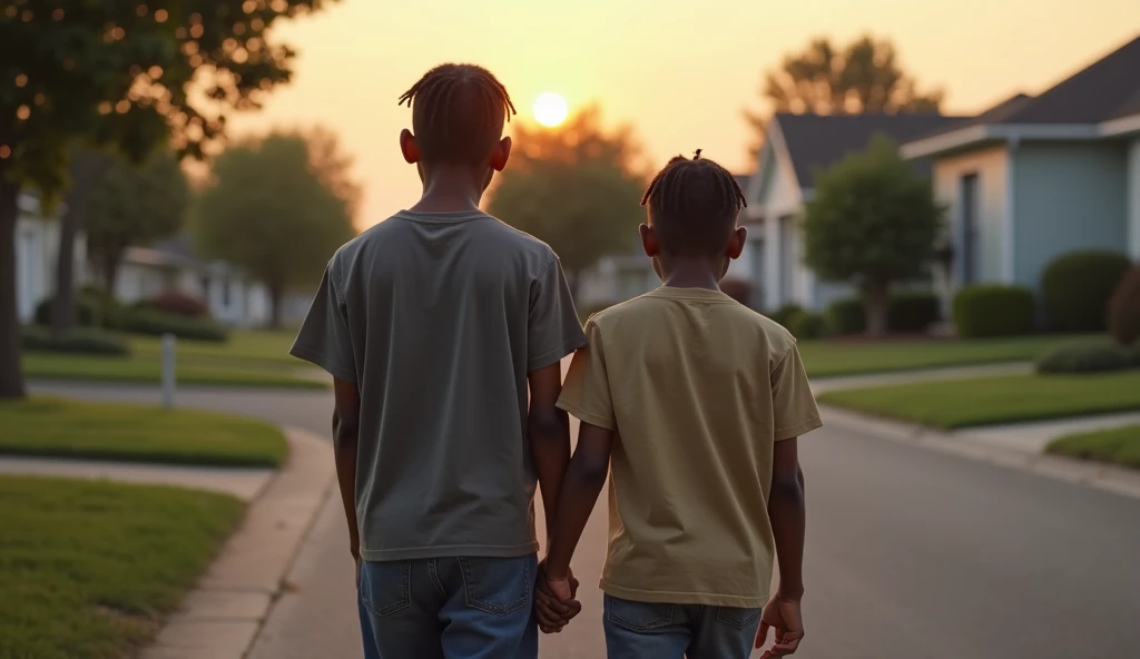 foto realista  Michael Carter A shy  boy, African American braids in his hair walking home next to his younger brother Jamal  African American. in a quiet suburban street at dusk