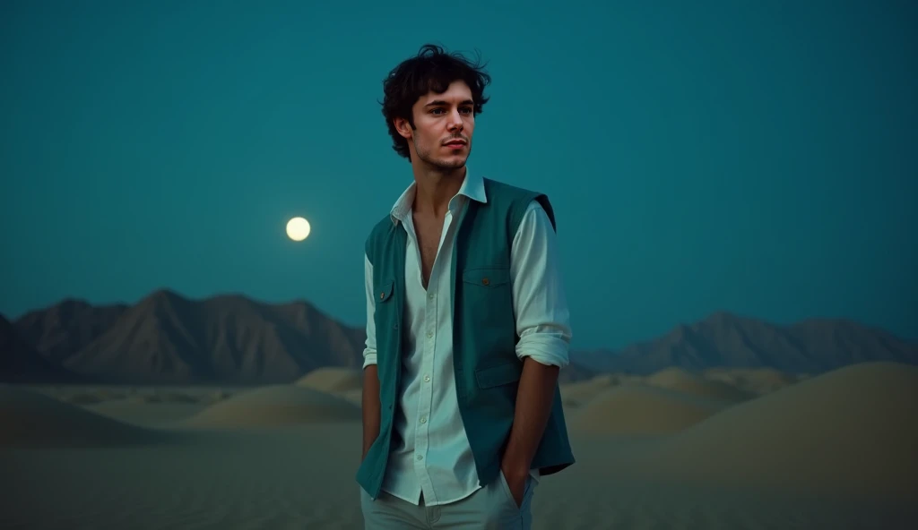 Adam Brody has short, dark brown hair styled casually. He wears a white button-up shirt underneath an open teal vest, paired with light gray shorts, cinematic, very cinematic, dark night desert blue dramatic light at fall out of focus as the background, li...