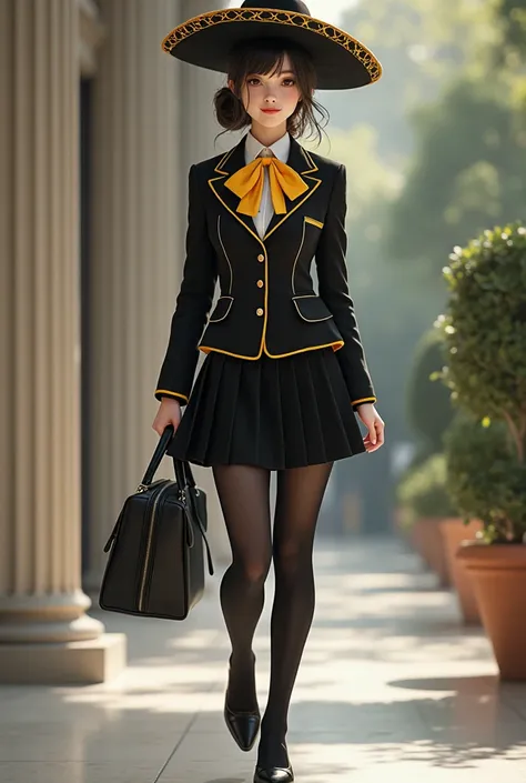  Female student with black uniform and yellow details for school very expensive with skirt, bun, shirt, bag, layer, sombrero, bag stockings and shoes 