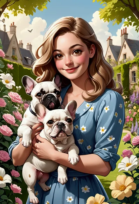 Create an idyllic comic-style image of a beautiful and smiling young British woman with long, light brown hair, brown eyes and dressed casually. She is in a beautiful flowery garden with her two tender and beautiful French bulldog puppies, one all black an...