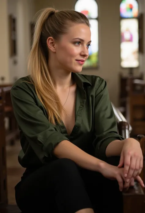 young blonde woman, beautiful eyes. long blonde hair with ponytail, dark green satin shirt with black thigt pants, transparent lip gloss, narrow building, Pretty, 2, Full body photo, long legs, Satin top, Sitting in a church and looking around, looks stunn...