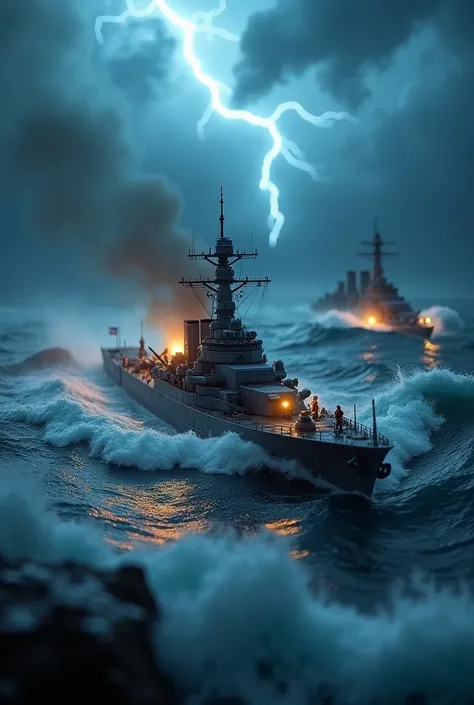 A miniature photography style scene capturing a stormy seascape at night, featuring a tiny destroyer with multiple guns on deck crashing through massive waves and thunderclouds overhead, with glowing searchlights sweeping the water and crashing waves aroun...