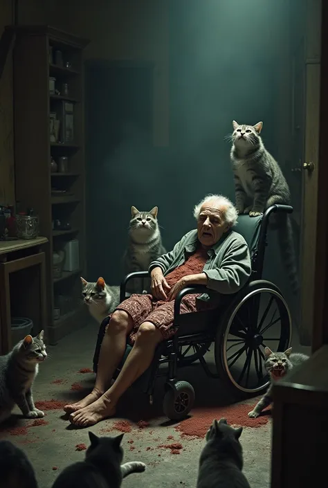 Cats eating their 60-year-old owner in a wheelchair on the floor