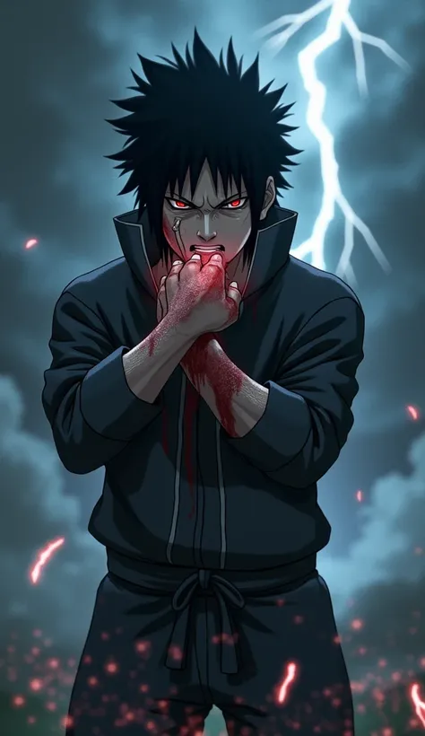 Scene :  Sasuke in a moment of tension He stands in a challenging position, bites his hand with his teeth to release a huge force, in preparation for using extraordinary abilities. .  His face is very focused, with strongly burning eyes, and his facial exp...