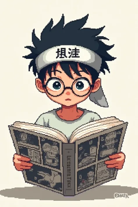 Simplified pixel art of Otaku boy, wear head band with the word "otaku" in Japanese, wear a round glasses, and reading manga