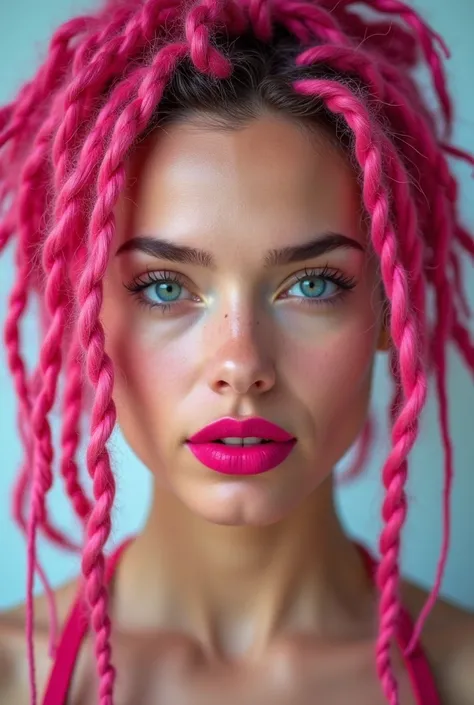  Photo of a womans face, on a light background , lips painted, blue eyes, pink dreadlocks hair