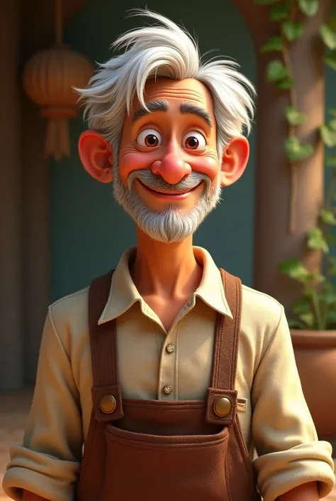 Pixar-style poster of a 50-year-old man,  brown eyes,  white hair, peasant clothing, cuerpo entero
