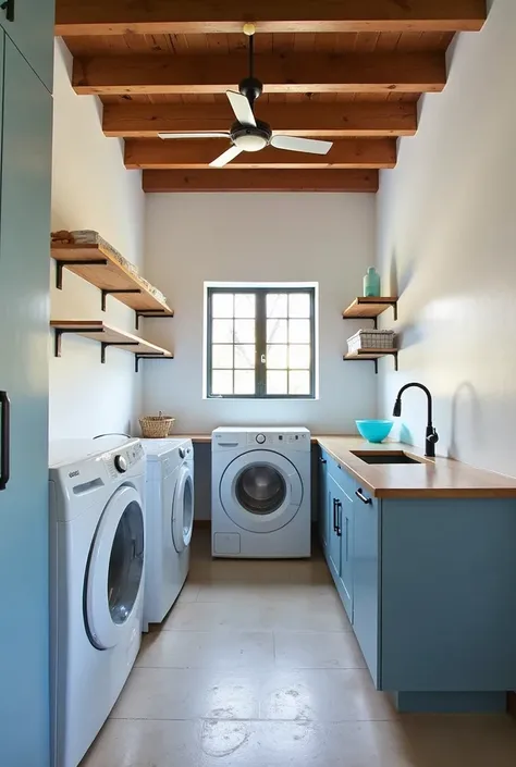  laundry room of a Mexican farm Description:  A functional space equipped with a washing machine , dryer, and a large sink .  The walls are white with details in blue .  Shelves and cabinets for storage .