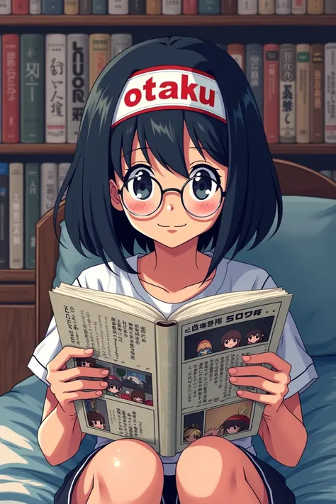 Simplified pixel art of Otaku girl, wear head band with the word "otaku" in Japanese, wear a round glasses, and reading manga