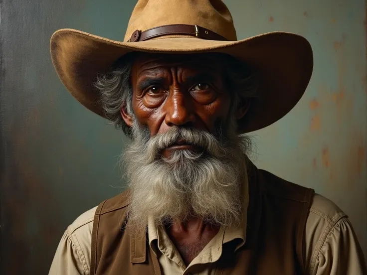  High definition photo of a masterpiece:  showing a black foreman from the 19th century , He is ugly ,  You are 60 years old,   and is wearing a rawhide hat and aged clothing