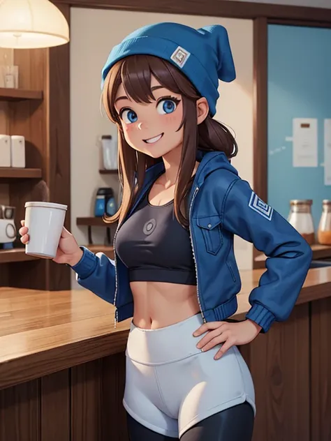 (masterpiece:1.2), best quality, high resolution, unity 8k wallpaper, (illustration:0.8), 1 girl, solo, brown hair, blue eyes. (Wearing: Blue Beanie, Opened Blue jacket, white tank-top, Lululemon branded black leggings). She has a carefree smile on her fac...