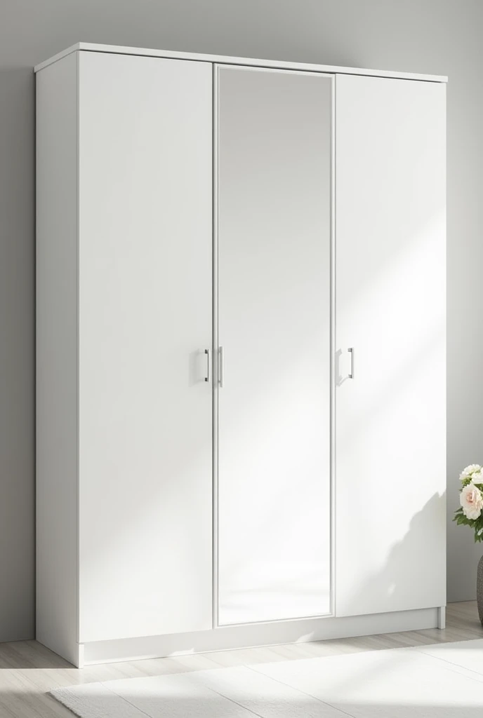 Generate a 3 door wardrobe in white colour simple design and 2 doors are with mirror 