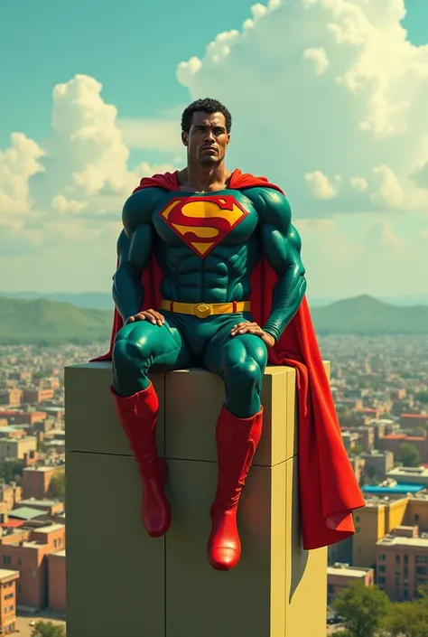 Imagine Super Man Red and Yellow and Green sitting on a building in Burkina Faso 