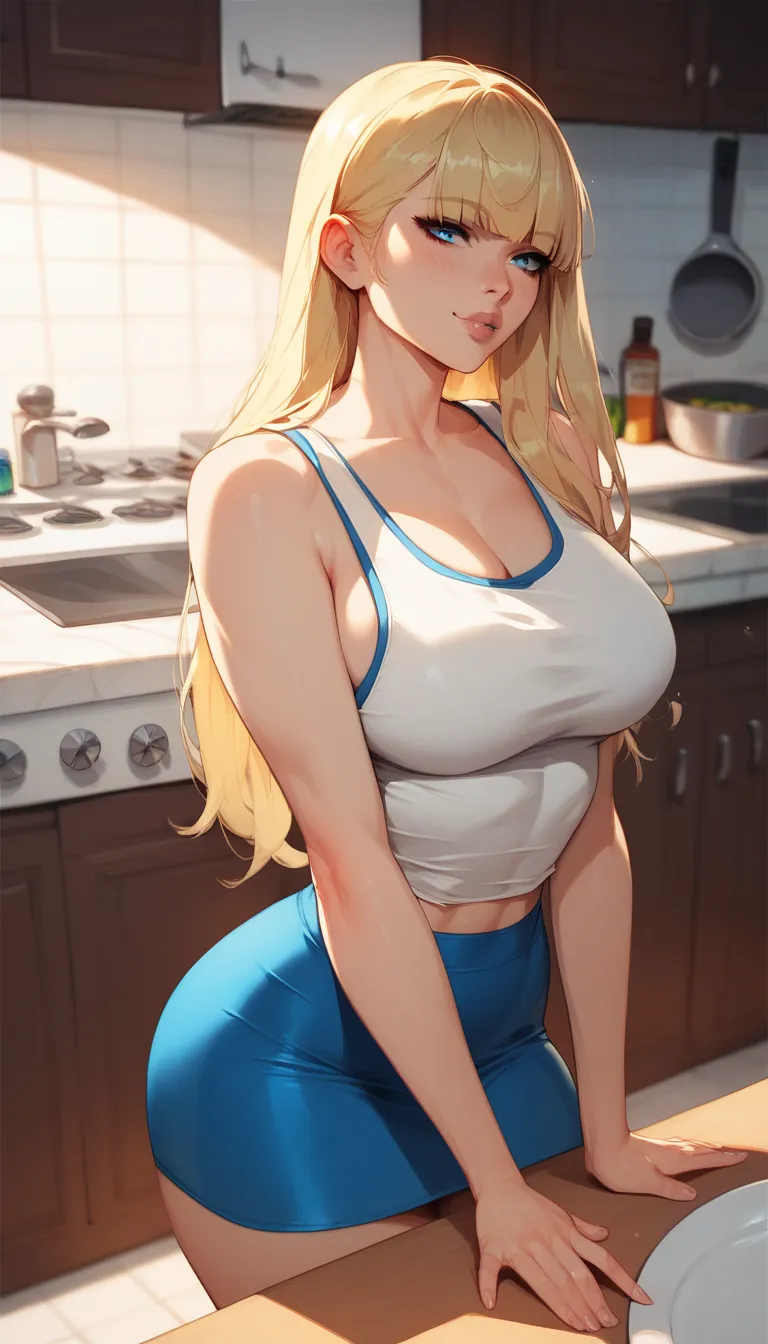 1girl, long blonde hair, straight bangs, blue eyes, wearing tight white tank top, blue skirt, in kitchen, sexy pose