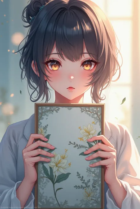 A very beautiful anime woman who is holding a painting , Hands behind the board 